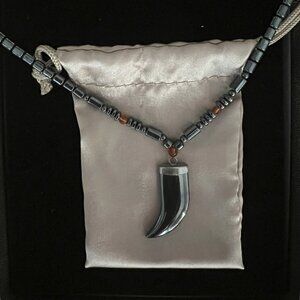 18" Black Horn Fashion Necklace with Amber/Silver Accents and Barrel Clasp